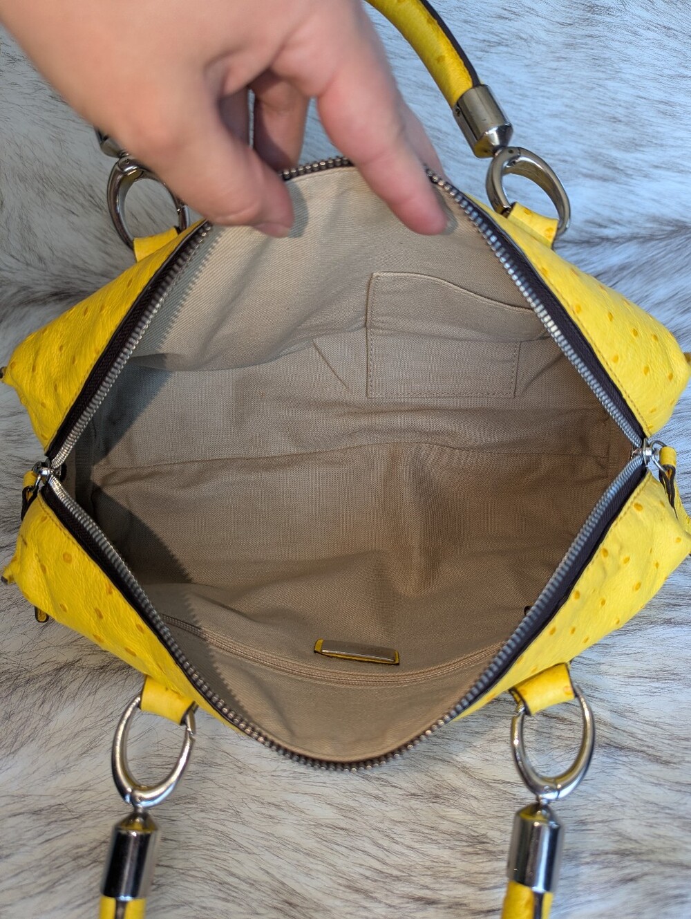 Coccinelle Bright Yellow Ostrich Embossed Convertible Satchel Crossbody Bag - Picture 10 of 14